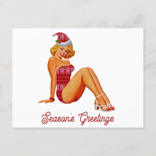 Vintage Christmas Pin Up Girl Seasons Greetings Postcard
