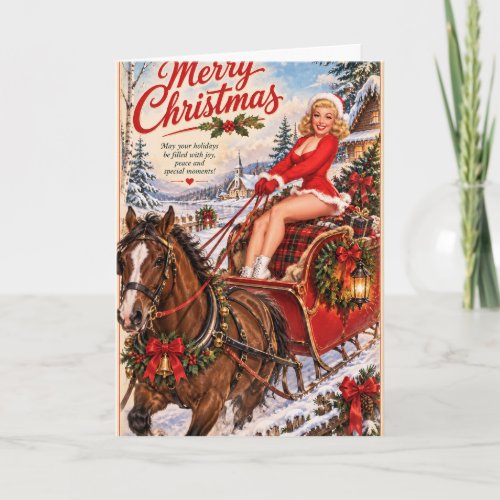 Vintage Christmas Pin-Up in Horse-Drawn Sleigh Card