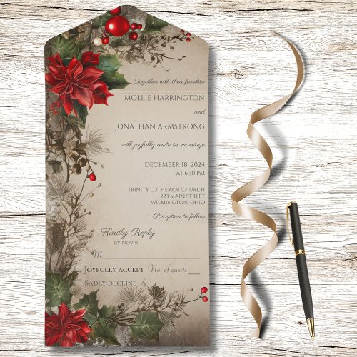 Vintage Christmas Pine  Poinsettia  All In One Invitation