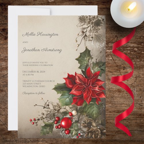 Vintage Christmas Pine  Poinsettias Wedding  Invitation