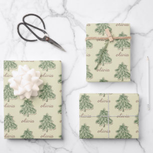 Vintage Christmas Pine Tree & Custom name Wrapping Paper Sheets