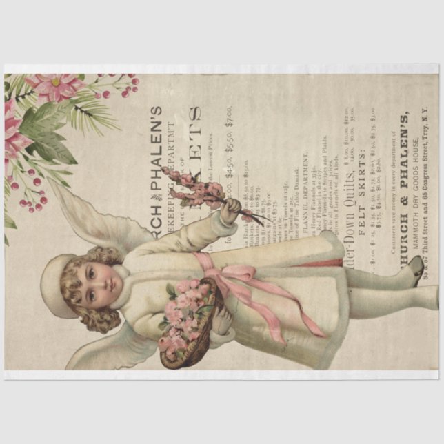Vintage Christmas Pink Angel Ephemera Decoupage Tissue Paper (Front)