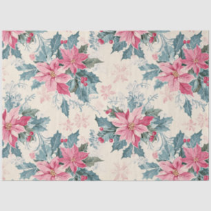 Vintage Christmas Pink Poinsettia Holly & Berries Tissue Paper