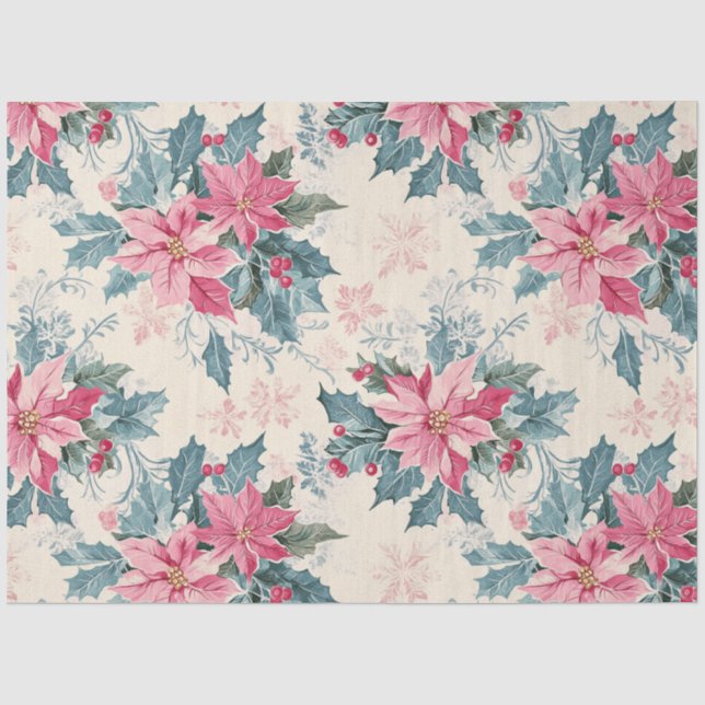Vintage Christmas Pink Poinsettia Holly & Berries Tissue Paper (Front)