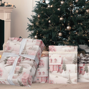Vintage Christmas Pink Snow Village Holiday Wrapping Paper