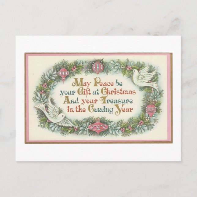 Vintage Christmas Pink With Doves Holiday Postcard (Front)