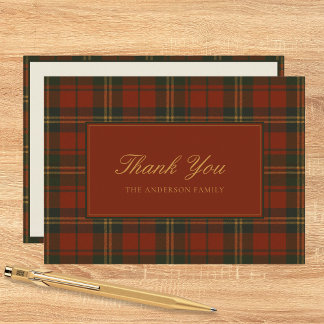 Vintage Christmas Plaid Classic Family Name Flat Thank You Card