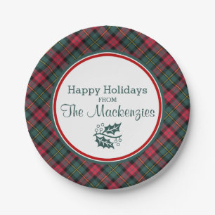 Vintage Christmas Plaid Pattern Personalized Paper Plates
