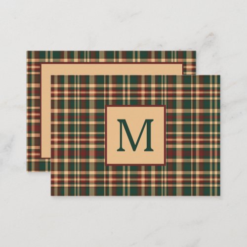 Vintage Christmas Plaid Red and Green Monogram Note Card