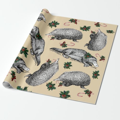 Vintage Christmas Platypus  Echidna of Australia Wrapping Paper