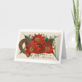 Vintage Christmas Poinsettia And Horse Shoe Holiday Card by santasgrotto at Zazzle
