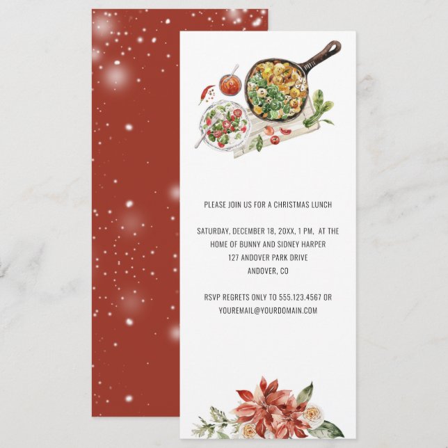 Vintage Christmas Poinsettia Evergreen Lunch  Invitation (Front/Back)