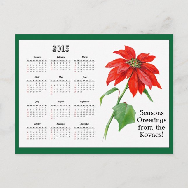 Vintage Christmas Poinsettia Flower Calendar Holiday Postcard (Front)