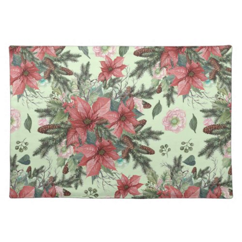 Vintage Christmas Poinsettia Flowers and Pinecones Cloth Placemat