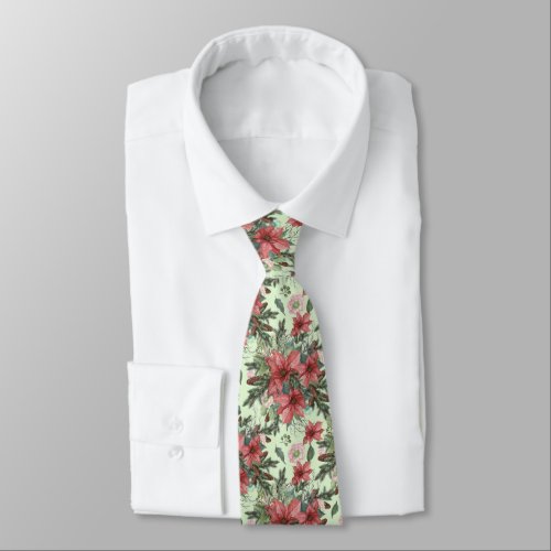 Vintage Christmas Poinsettia Flowers and Pinecones Neck Tie