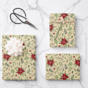 Vintage Christmas Poinsettia Flowers Pine Branches Wrapping Paper Sheets