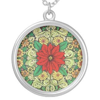 Vintage Christmas Poinsettia Round Pendant Necklace