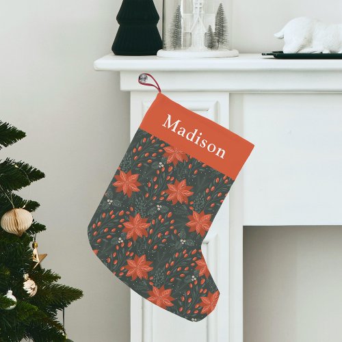 Vintage Christmas Poinsettia Pattern Personalized Small Christmas Stocking