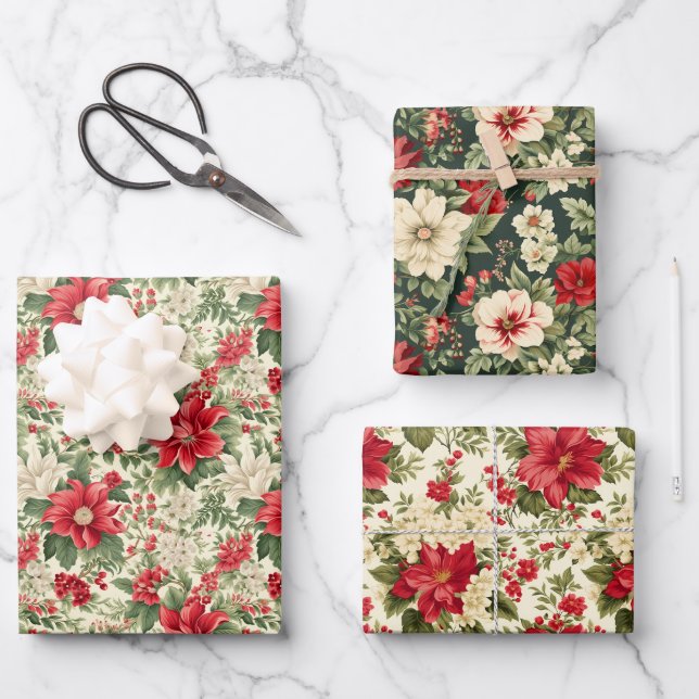 Vintage Christmas Poinsettia Wrapping Paper Sheets (Front)