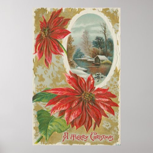 Vintage Christmas Poinsettias and Cabin Poster