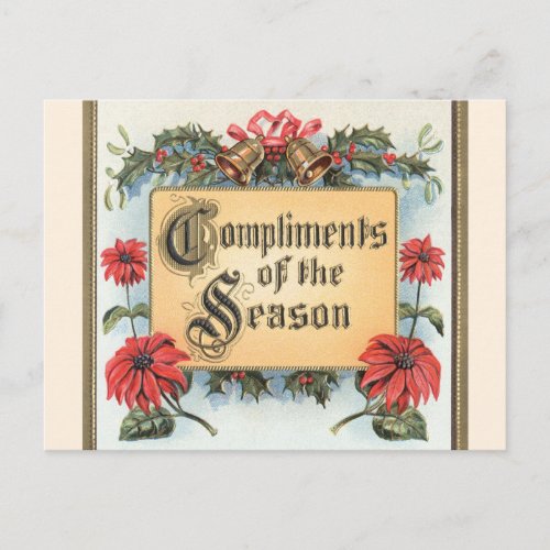 Vintage Christmas Poinsettias in an Ornate Frame Holiday Postcard