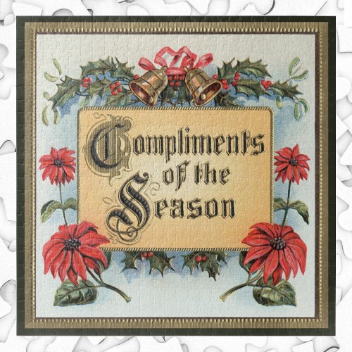Vintage Christmas Poinsettias in an Ornate Frame Jigsaw Puzzle