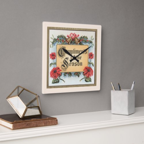 Vintage Christmas Poinsettias in an Ornate Frame Square Wall Clock