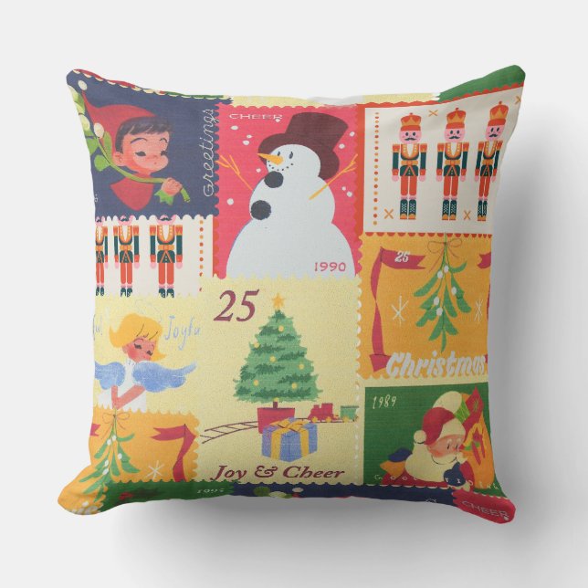 Vintage Christmas post stamps  Throw Pillow (Front)