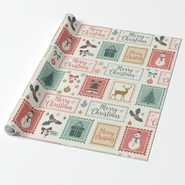 Vintage Christmas Postage Pattern Wrapping Paper (Unrolled)