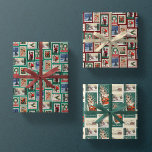 Vintage Christmas Postage Stamps Retro Trio Gift Wrapping Paper Sheets<br><div class="desc">set of three sheets of custom printed holiday gift wrap - two sheets are a collage of vintage christmas themed u.s,  postal stamps,  one with a deep cranberry red background,  and one with a winter green background. the third sheet is a collage of retro christmas postcards</div>