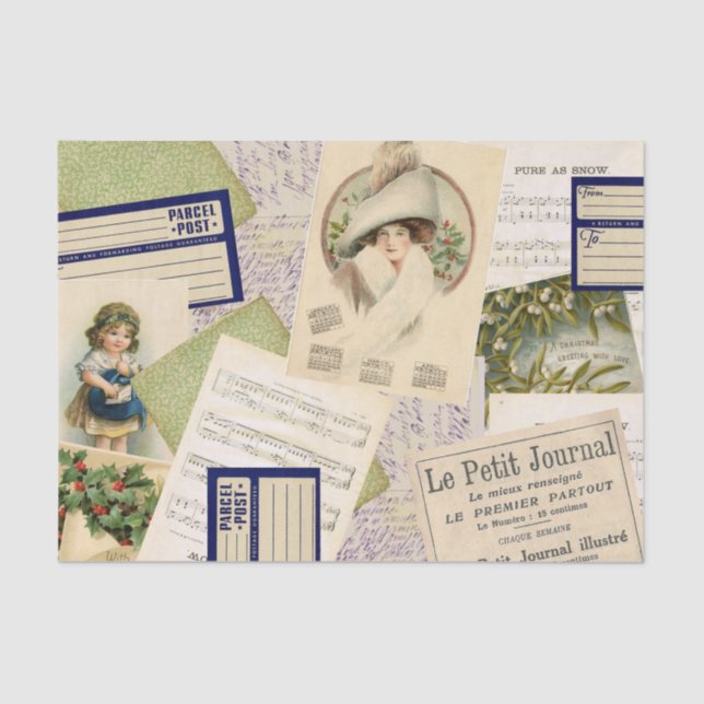 Vintage Christmas Postcard Collage Tissue Paper (Front)