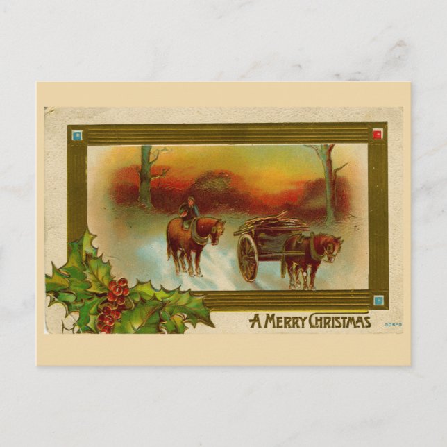 Vintage Christmas postcard Horse & Carriage (Front)