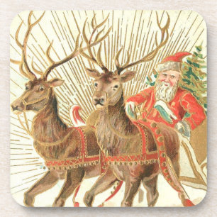 VIntage Christmas Postcard, Santa with Reindeer Beverage Coaster