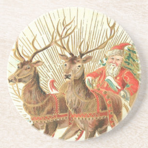 VIntage Christmas Postcard, Santa with Reindeer Coaster