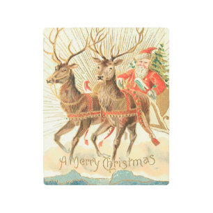 VIntage Christmas Postcard, Santa with Reindeer Metal Print