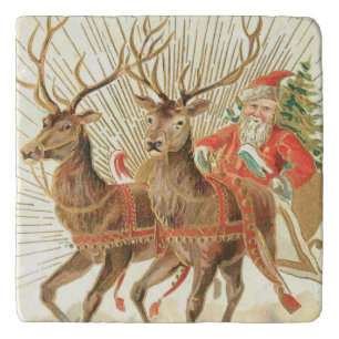 VIntage Christmas Postcard, Santa with Reindeer Trivet