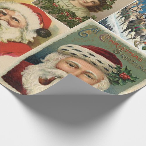 Vintage Christmas Postcards Santa Claus Girl Kitty Wrapping Paper