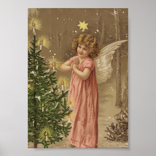 Vintage Christmas Poster Angel and Christmas Tree