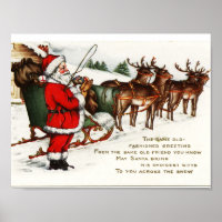 vintage canvas print, old style santa and reindeer canvas wall art framed  11x14