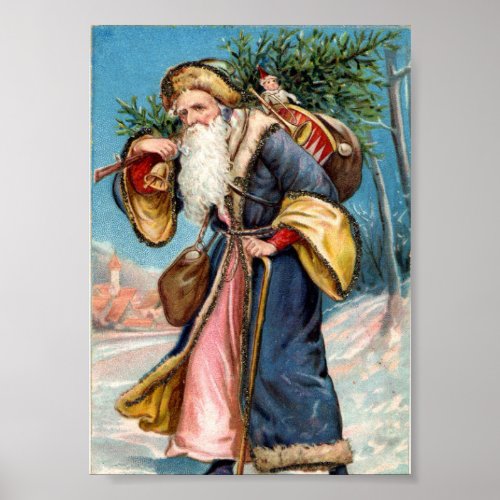 Vintage Christmas Poster  Santa carrying a Tree