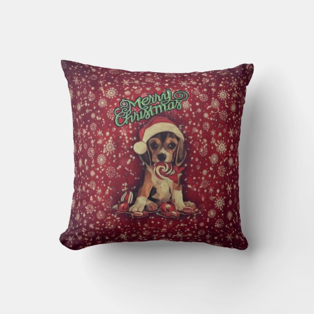 Vintage Christmas Pup Throw Pillow (Front)