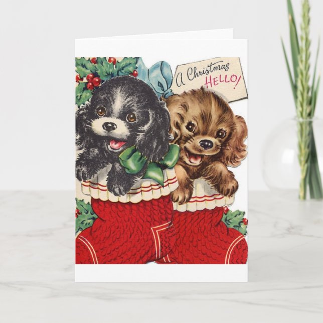 Vintage Christmas Puppies in Stockings Card (Front)