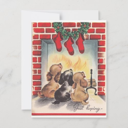 Vintage Christmas Puppies Wait For Santa Holiday Card