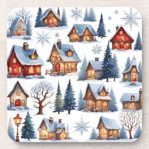 Vintage Christmas Quaint Small Town Village  Beverage Coaster