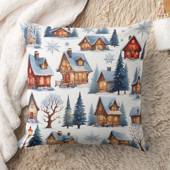 Vintage Christmas Quaint Small Town Village  Throw Pillow (Blanket)