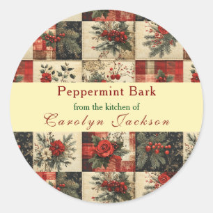 Vintage Christmas Quilt Roses Holly Pine Branch Classic Round Sticker