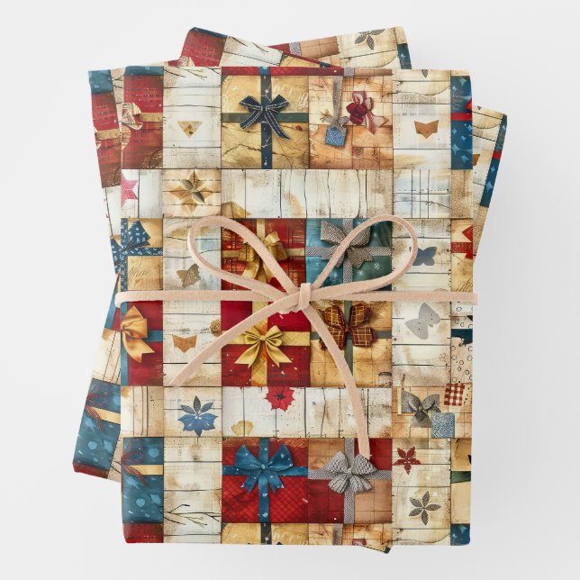 Vintage Christmas Quilt Wrapping Paper Sheets (In situ)