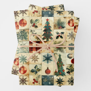 Vintage Christmas Quilt Wrapping Paper Sheets