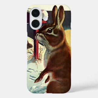 Vintage Christmas, Rabbits in a Winter Snow Meadow iPhone 16 Case