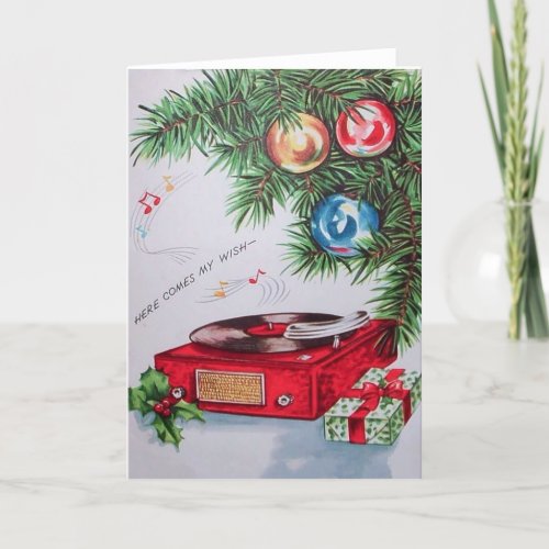 Vintage Christmas Record Playing Under Tree Holiday Card